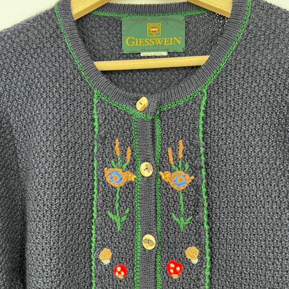 Vtg Giesswein Wool Cardigan Womens 14 Navy Blue Antler Button Mushrooms Austrian - Picture 5 of 11